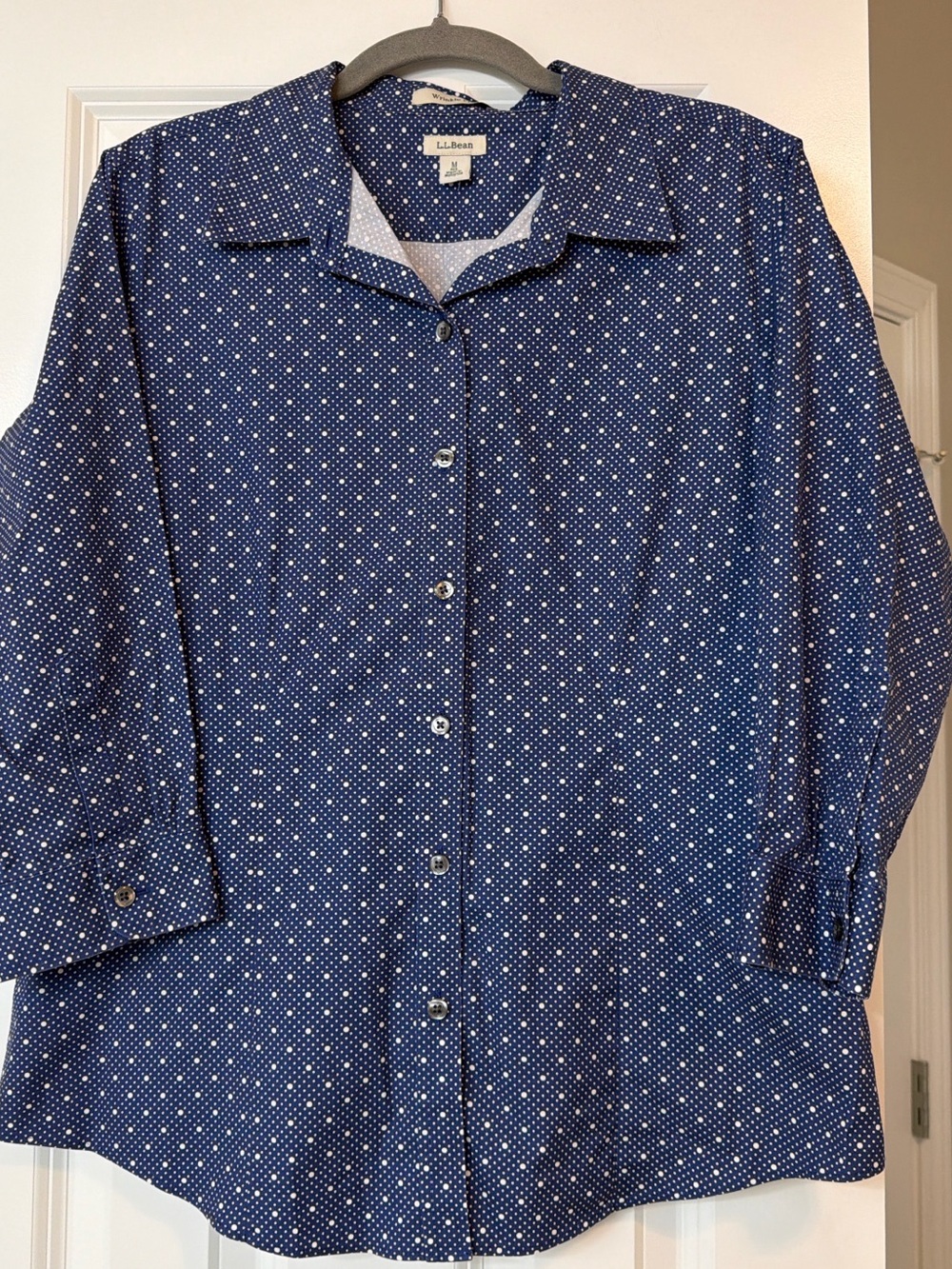 L.L. Bean Navy Button-Down Shirt with White Dot Pattern